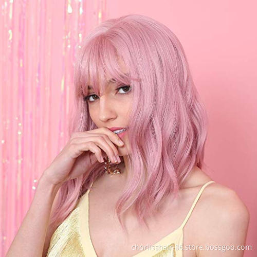 Cute Realistic High Quality Water Wave Short Best Curly Synthetic Bob Cosplay Cheap Pink Paula Young Wigs With Bangs For Women